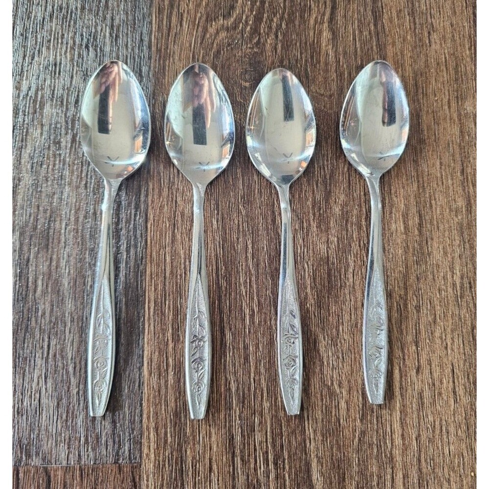 Customcraft Stainless Steel 4 Teaspoons Flatware CUS1 Roses Pattern Vintage